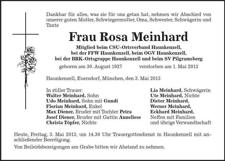 Traueranzeige Rosa Meinhard