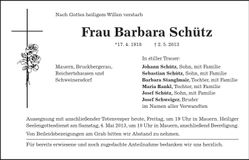 Traueranzeige Barbara Schütz