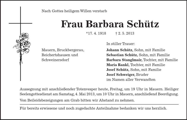 Traueranzeige Barbara Schütz