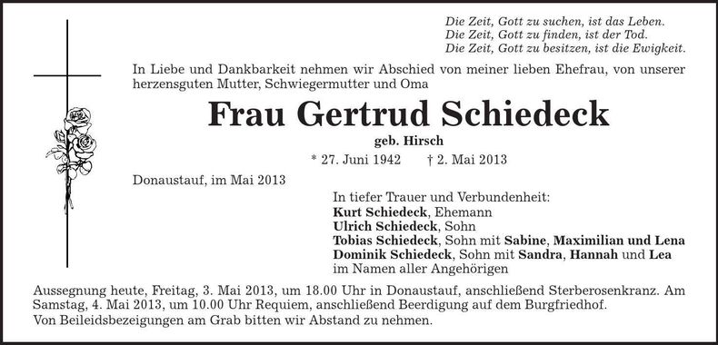 Traueranzeige Gertrud Schiedeck