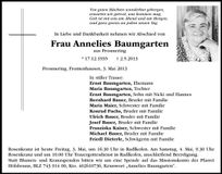 Traueranzeige Annelies Baumgartner