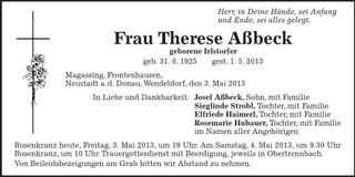 Traueranzeige Therese Aßbeck