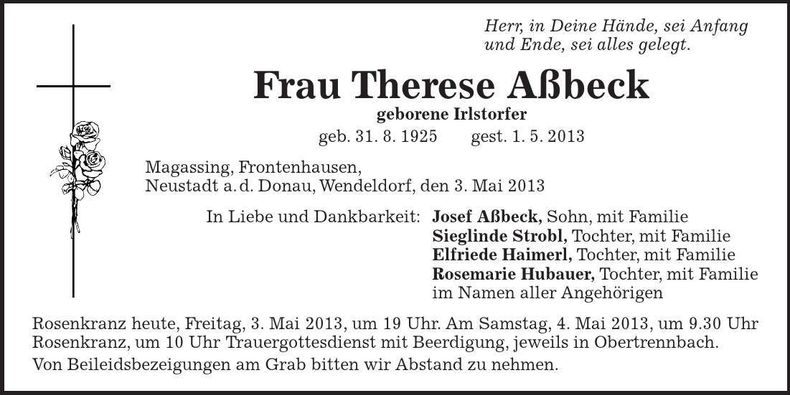 Traueranzeige Therese Aßbeck
