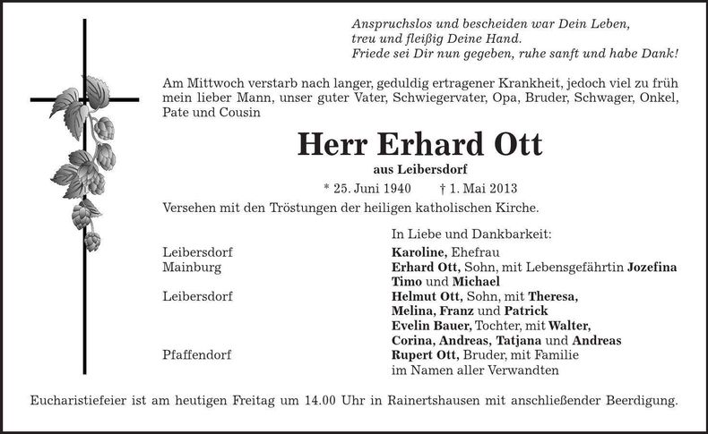 Traueranzeige Erhard Ott