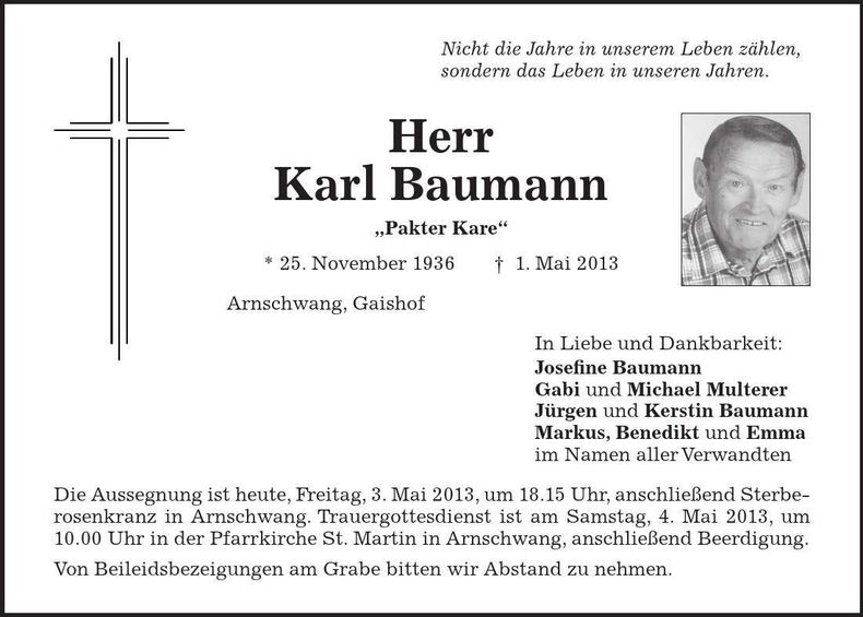 Traueranzeige Karl Baumann