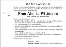 Traueranzeige Aloisia Wittmann
