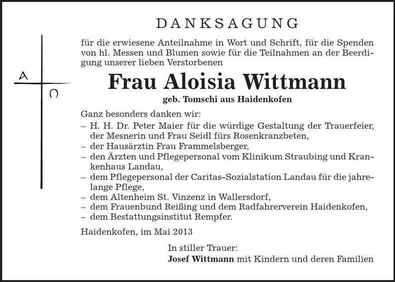 Traueranzeige Aloisia Wittmann