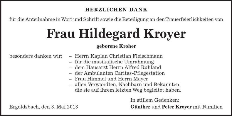 Traueranzeige Hildegard Kroyer