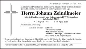 Traueranzeige Johann Zeindlmeier