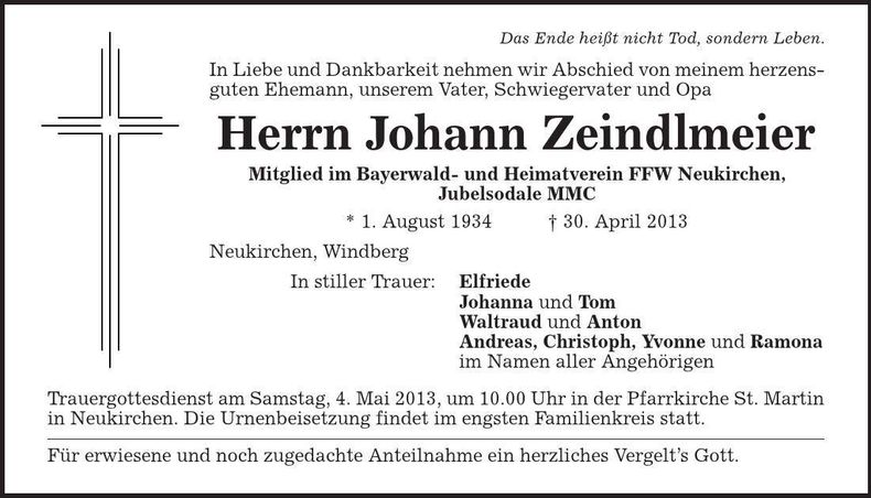 Traueranzeige Johann Zeindlmeier
