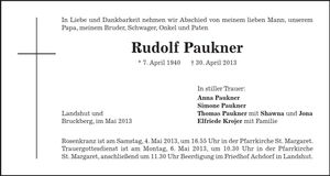 Traueranzeige Rudolf Paukner