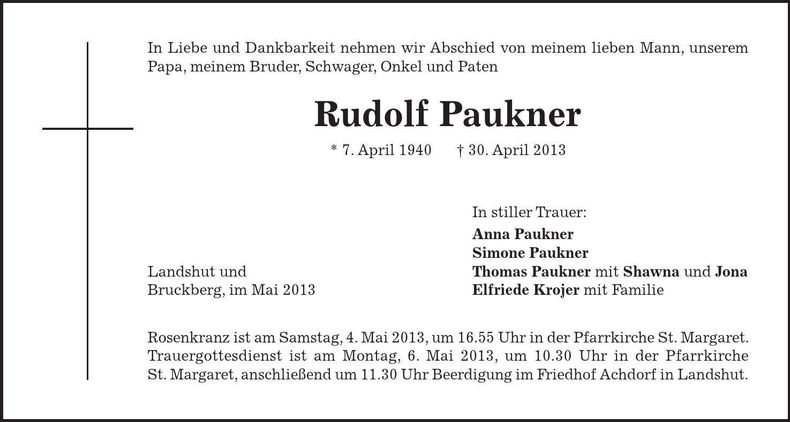 Traueranzeige Rudolf Paukner