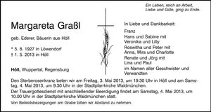 Traueranzeige Margareta Graßl