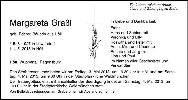 Traueranzeige Margareta Graßl