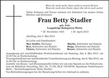 Traueranzeige Betty Stadler