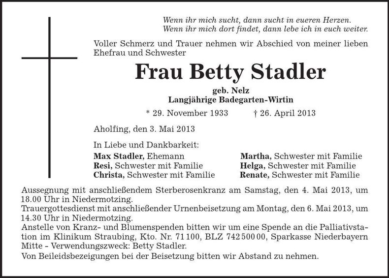 Traueranzeige Betty Stadler