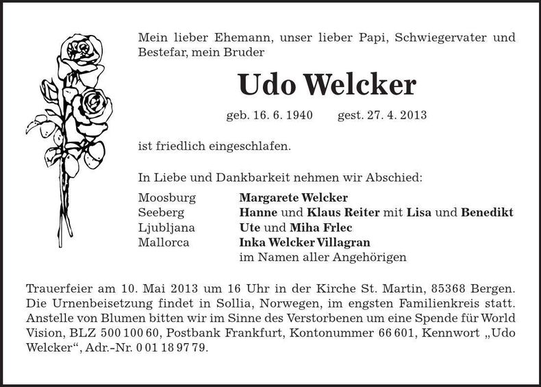 Traueranzeige Udo Welcker