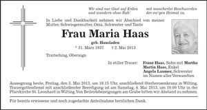 Traueranzeige Maria Haas