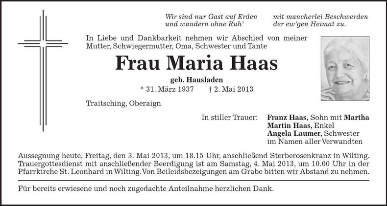 Traueranzeige Maria Haas