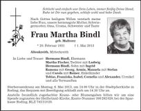 Traueranzeige Martha Bindl
