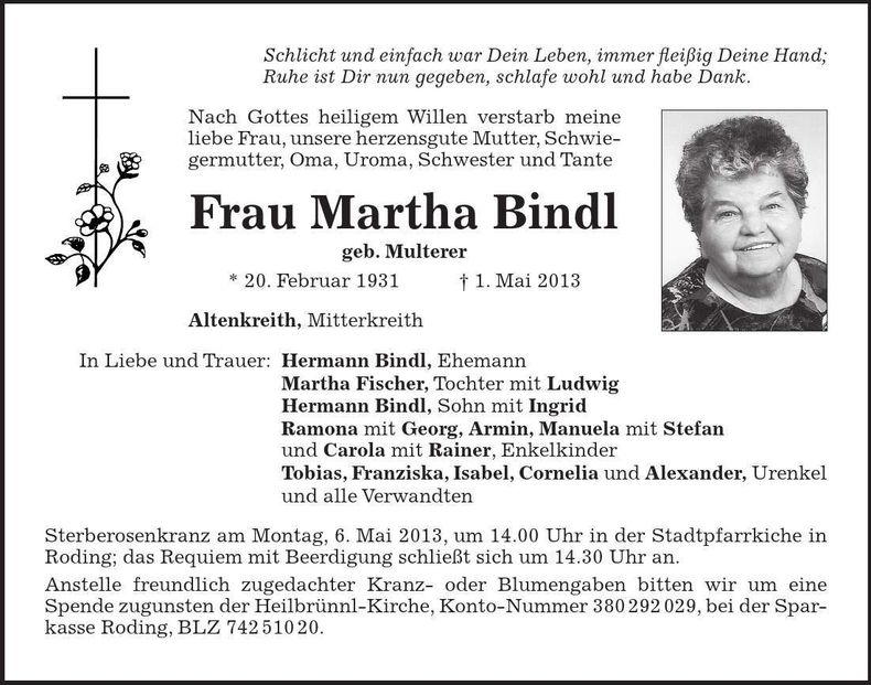 Traueranzeige Martha Bindl