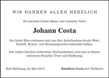 Traueranzeige Johann Costa