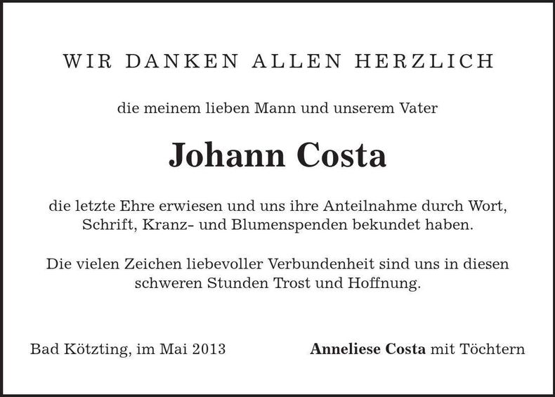 Traueranzeige Johann Costa