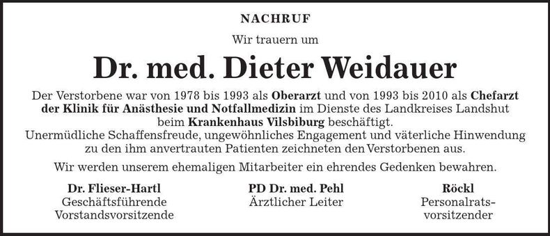 Traueranzeige Dieter Weidauer