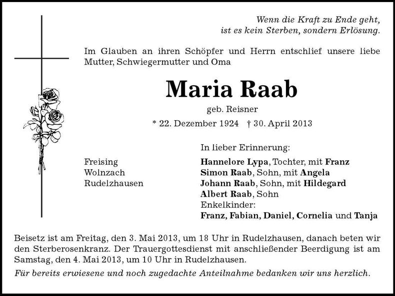 Traueranzeige Maria Raab