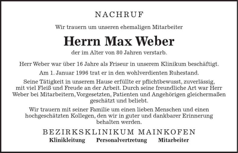 Traueranzeige Max Weber
