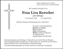 Traueranzeige Lisa Kerscher