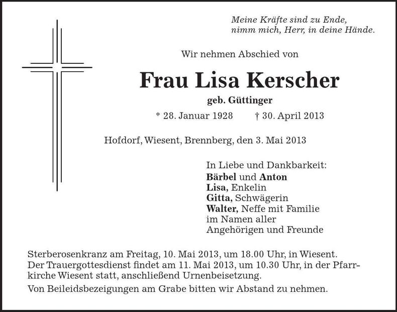 Traueranzeige Lisa Kerscher