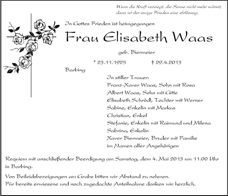 Traueranzeige Elisabeth Waas