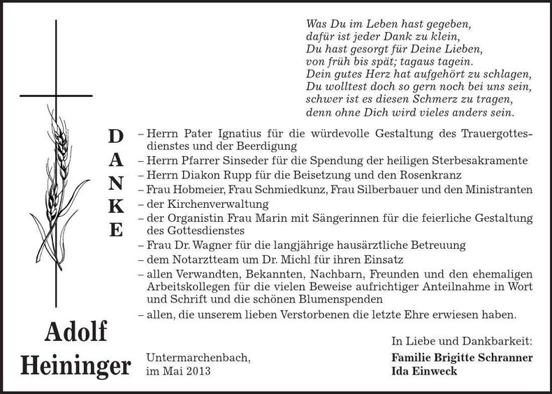 Traueranzeige Adolf Heininger