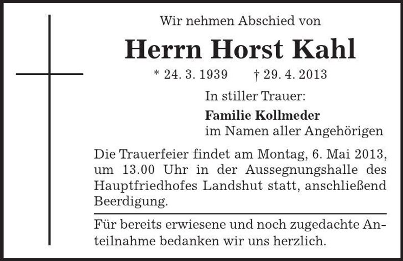 Traueranzeige Horst Kahl