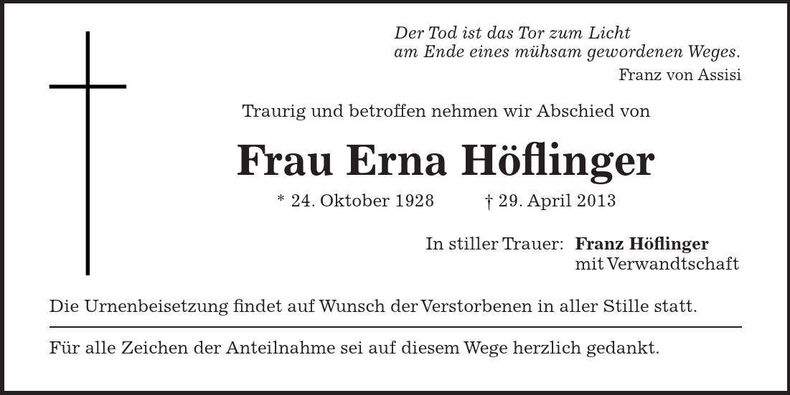 Traueranzeige Erna Höflinger