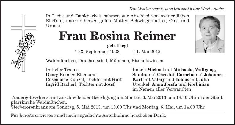 Traueranzeige Rosina Reimer