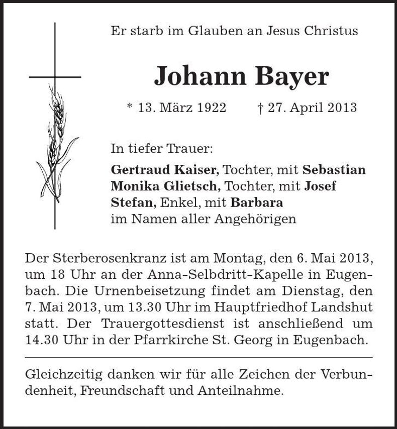 Traueranzeige Johann Bayer