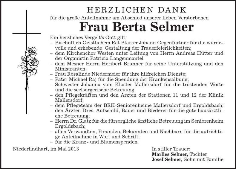 Traueranzeige Berta Selmer