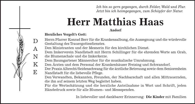 Traueranzeige Matthias Haas