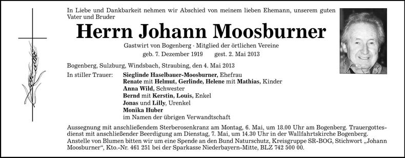 Traueranzeige Johann Moosburner