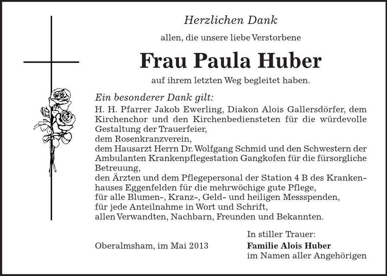 Traueranzeige Paula Huber