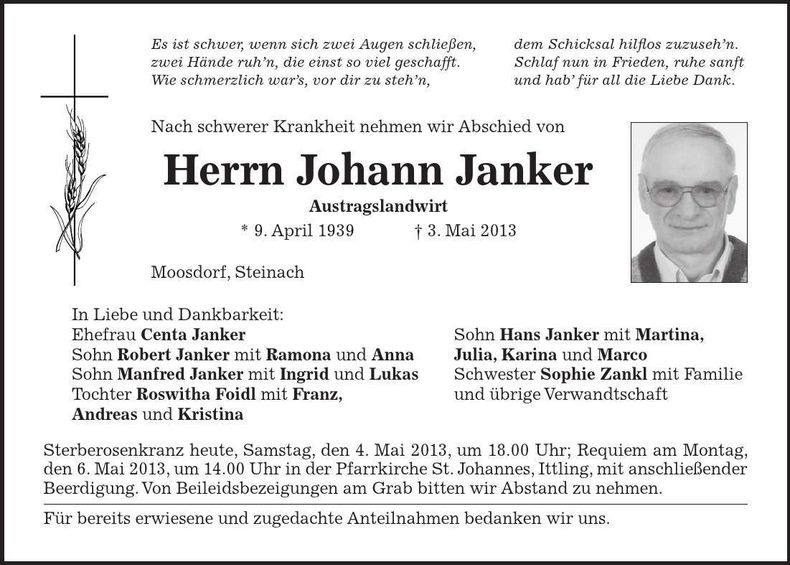 Traueranzeige Johann Janker