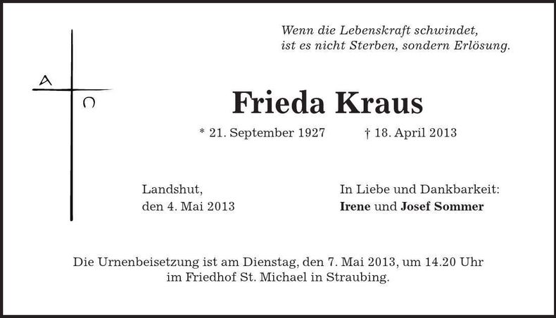 Traueranzeige Frieda Kraus