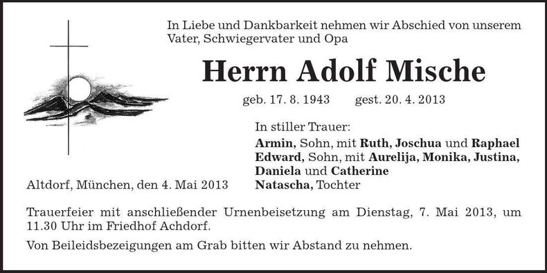Traueranzeige Adolf Mische
