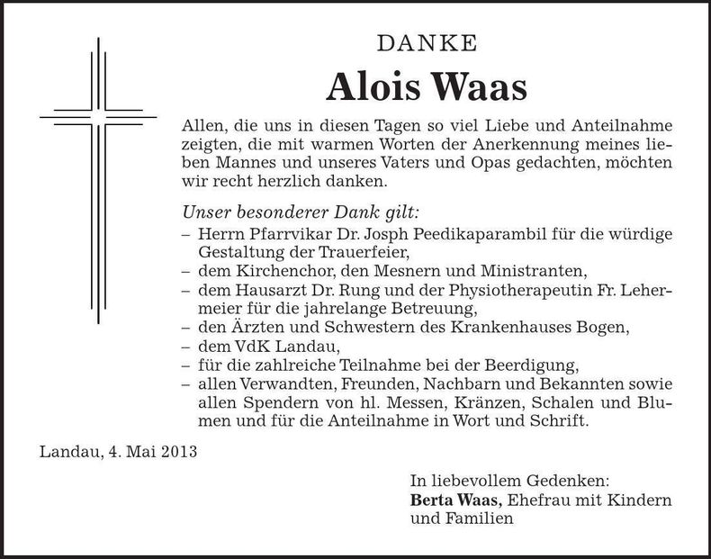 Traueranzeige Alois Waas