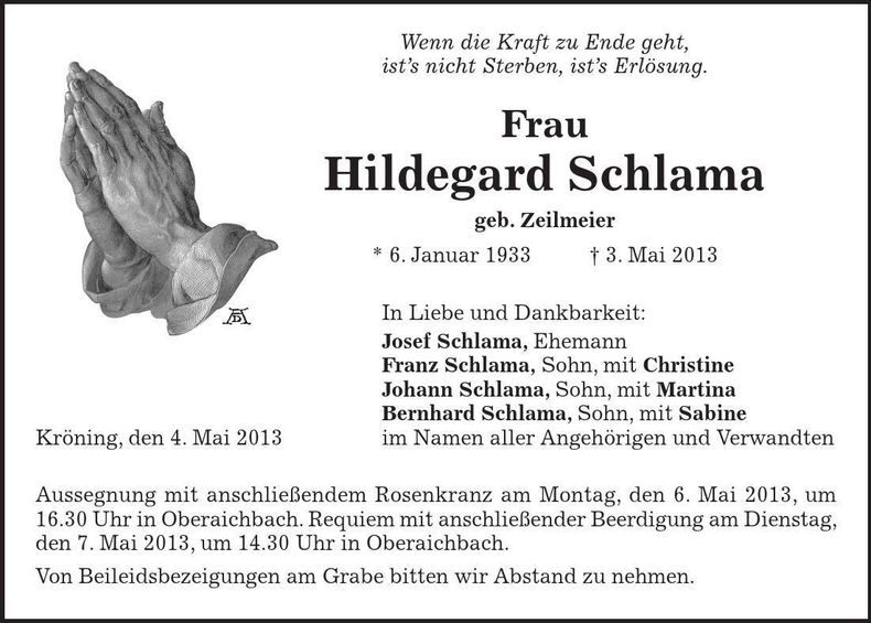 Traueranzeige Hildegard Schlama