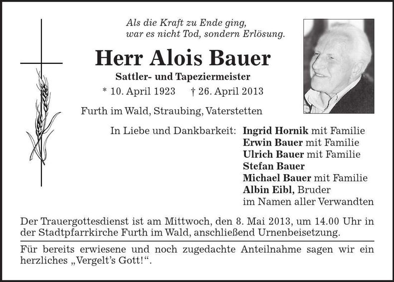 Traueranzeige Alois Bauer
