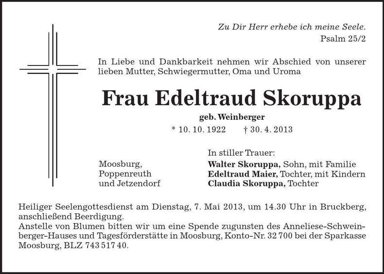Traueranzeige Edeltraud Skoruppa