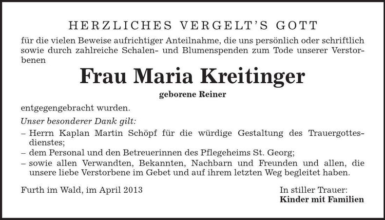 Traueranzeige Maria Kreitinger